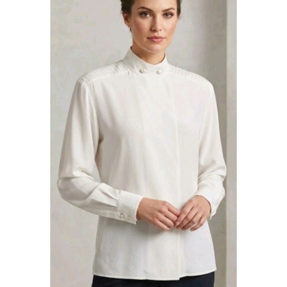 OSCAR DE LA RENTA EXPRESSIONS BLOUSE SZ 4 WHITE SHEER  BUTTON PLEADED SHOULDERS